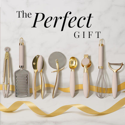Gold and Beige Kitchen Utensils Set – 8 PC Cooking Gadgets with Mini Gold Whisk and Tongs, Pizza