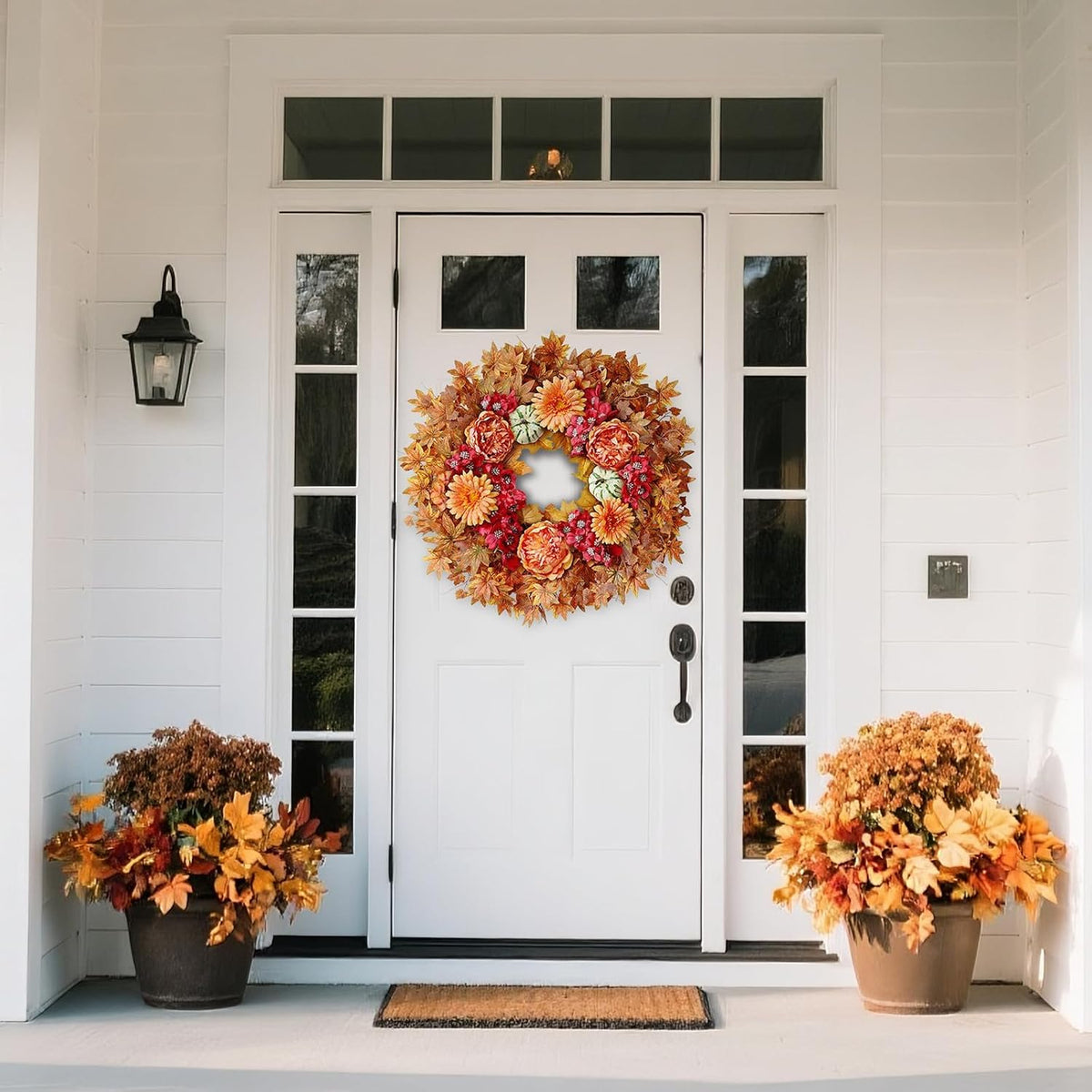 26" Fall Wreath for Front Door - Large Artificial Maple Leaves Fake Silk Peony Faux Pumpkin Outdoor