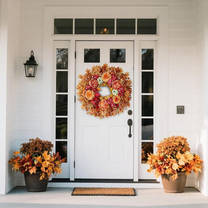 26" Fall Wreath for Front Door - Large Artificial Maple Leaves Fake Silk Peony Faux Pumpkin Outdoor