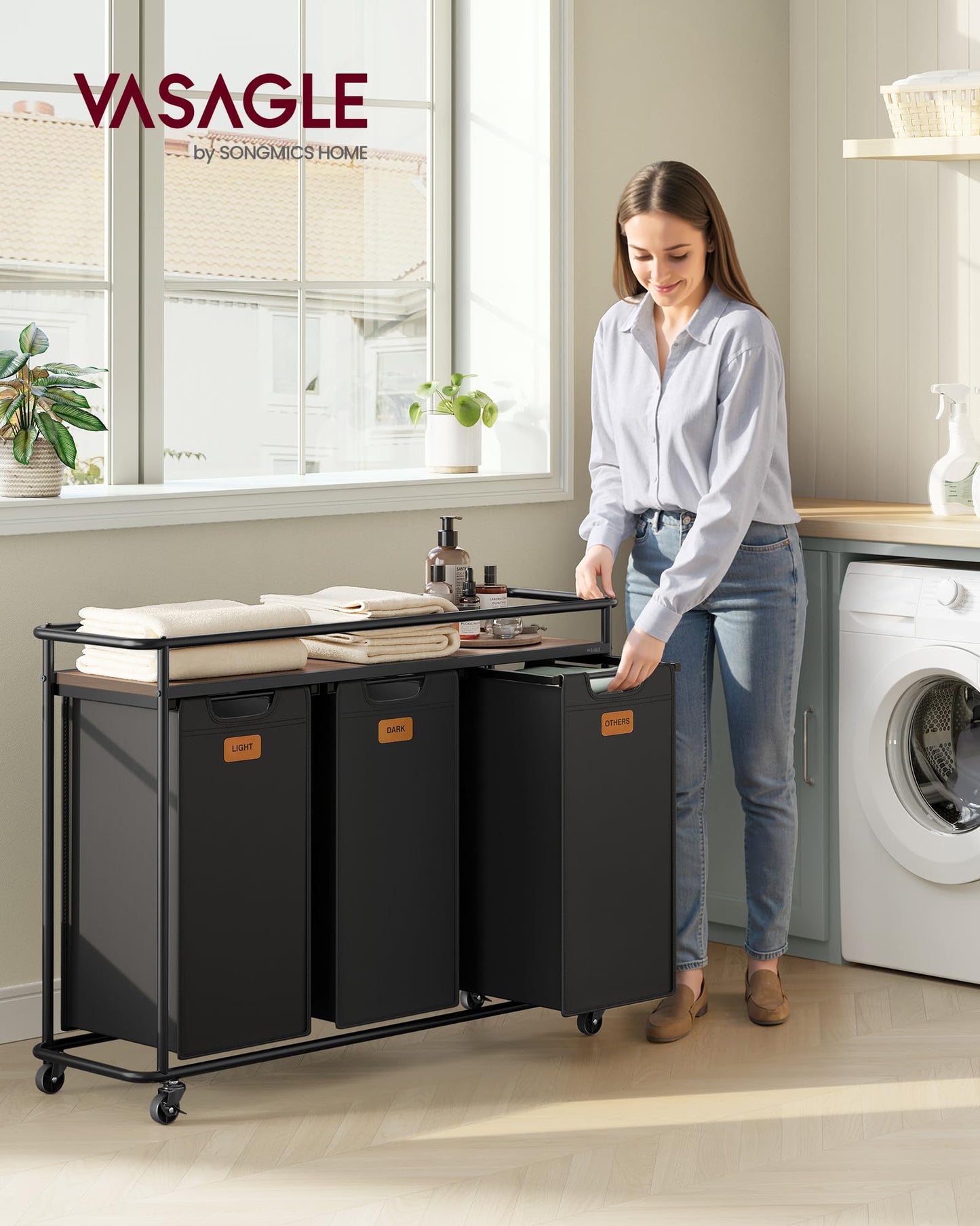 VASAGLE Laundry Sorter, Laundry Hamper with Wheels, 39.6 Gal. (150 L) Portable Rolling Cart Baskets