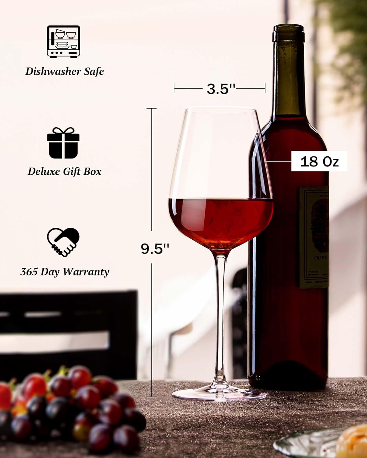 JBHO Hand Blown Italian Style Crystal Bordeaux Wine Glasses - Great Gift Packaging - Red Wine