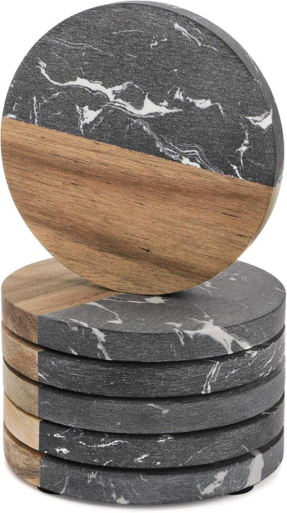 ZENFUN 6 Pc Black Marble Wood Coasters, Round Coaster, Handcrafted Artificial Marble Coasters Set