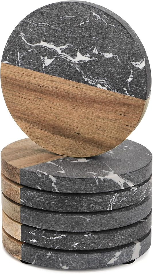 ZENFUN 6 Pc Black Marble Wood Coasters, Round Coaster, Handcrafted Artificial Marble Coasters Set