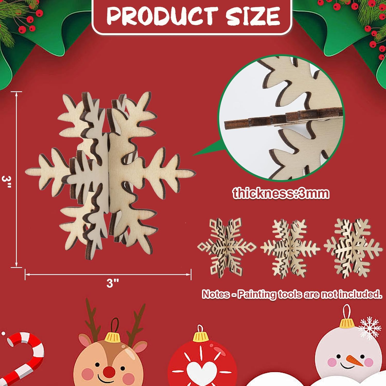 COCHIE DIY 3D Snowflake Wood Crafts to Paint for Kids Adults, Paintable Unfinished Wooden Slices