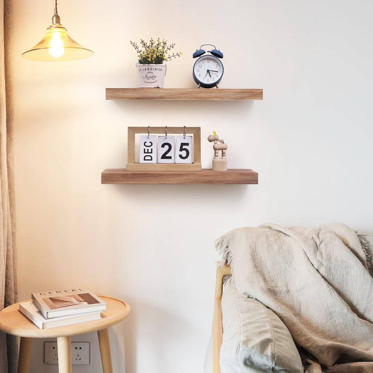 Fun Memories European Pine Floating Shelves for Wall, Mounted Shelf for Decor Storage Set of 2