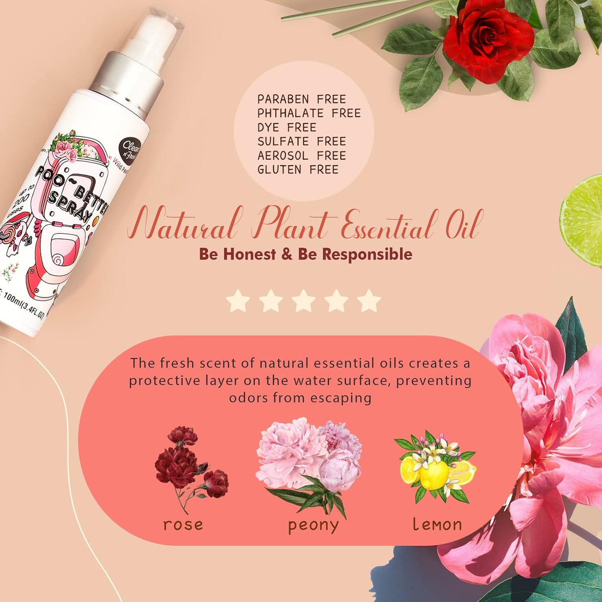 Clean-n-Fresh Toilet Spray, Wild Peony Scent, Bathroom Odor Eliminator & Air Freshener For Room