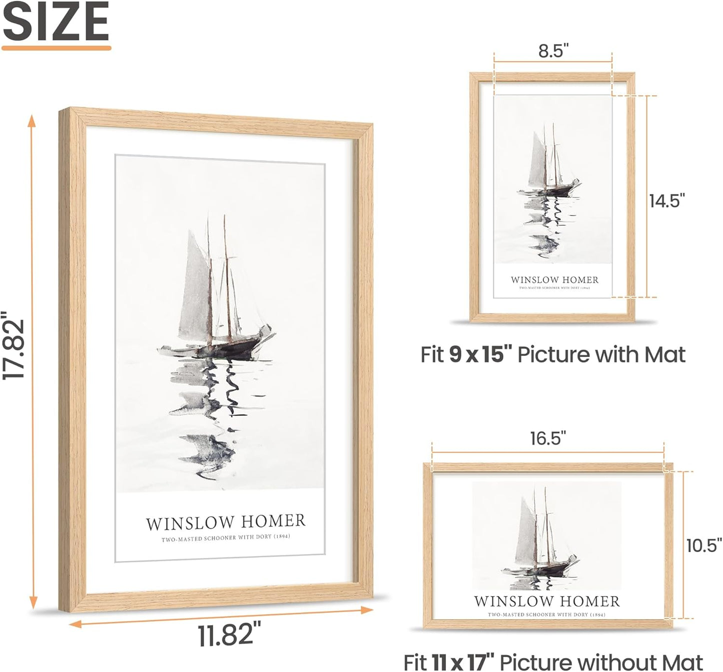 upsimples 11x17 Picture Frame, Natural Solid Wood Picture Frames, Display 9x15 with Mat or 11 x 17