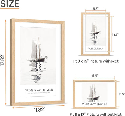 upsimples 11x17 Picture Frame, Natural Solid Wood Picture Frames, Display 9x15 with Mat or 11 x 17