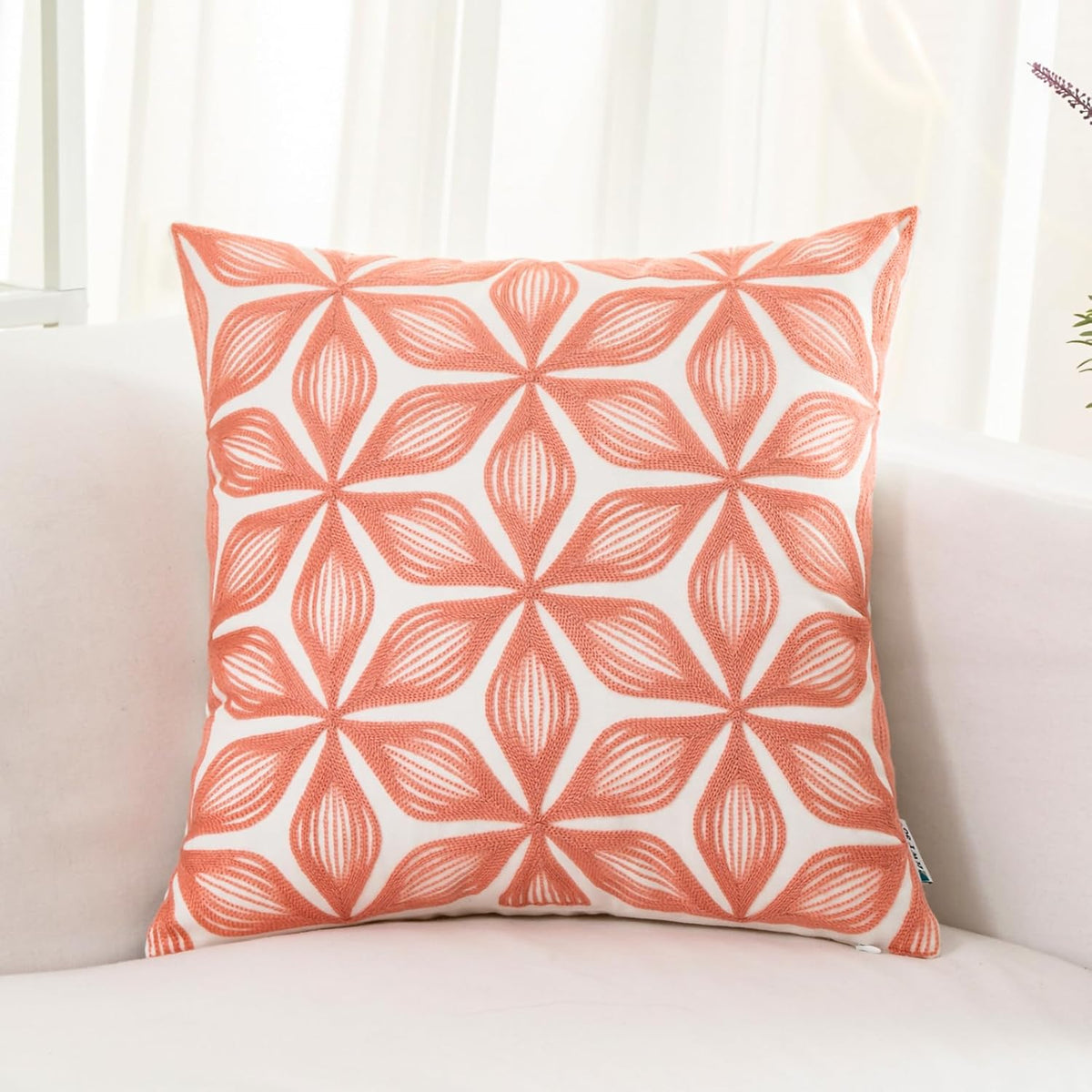 HWY 50 Coral Pink Decorative Throw Pillow Covers 18x18 Inch (1 Piece), Embroidered Cotton Farmhouse