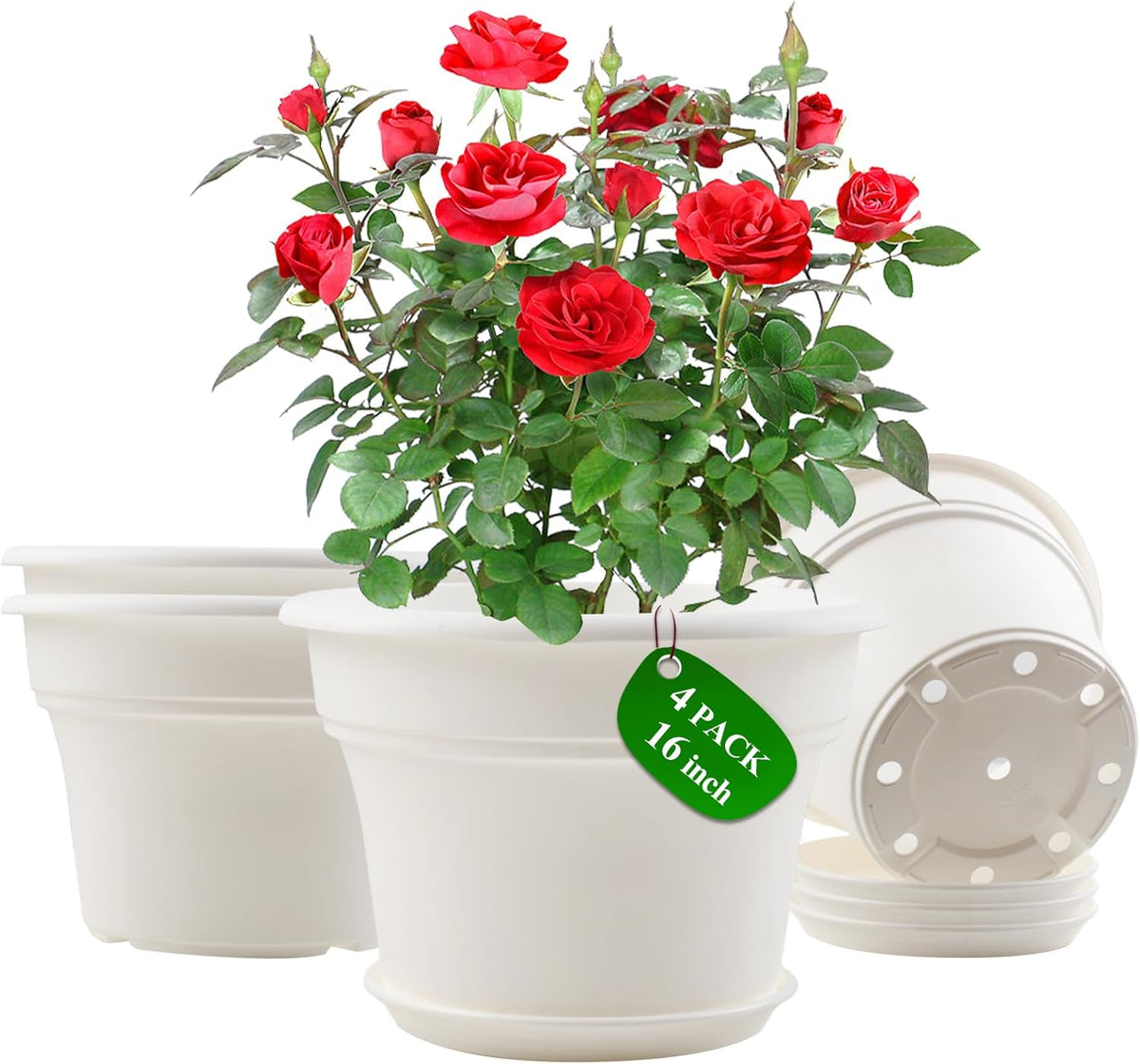 16 inch Plastic-Flower-Pot-for-Indoor-Plants, 4 Pack Large Outdoor Planter Pot with Drainage Holes