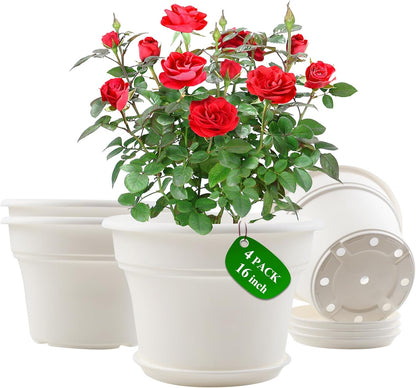 16 inch Plastic-Flower-Pot-for-Indoor-Plants, 4 Pack Large Outdoor Planter Pot with Drainage Holes