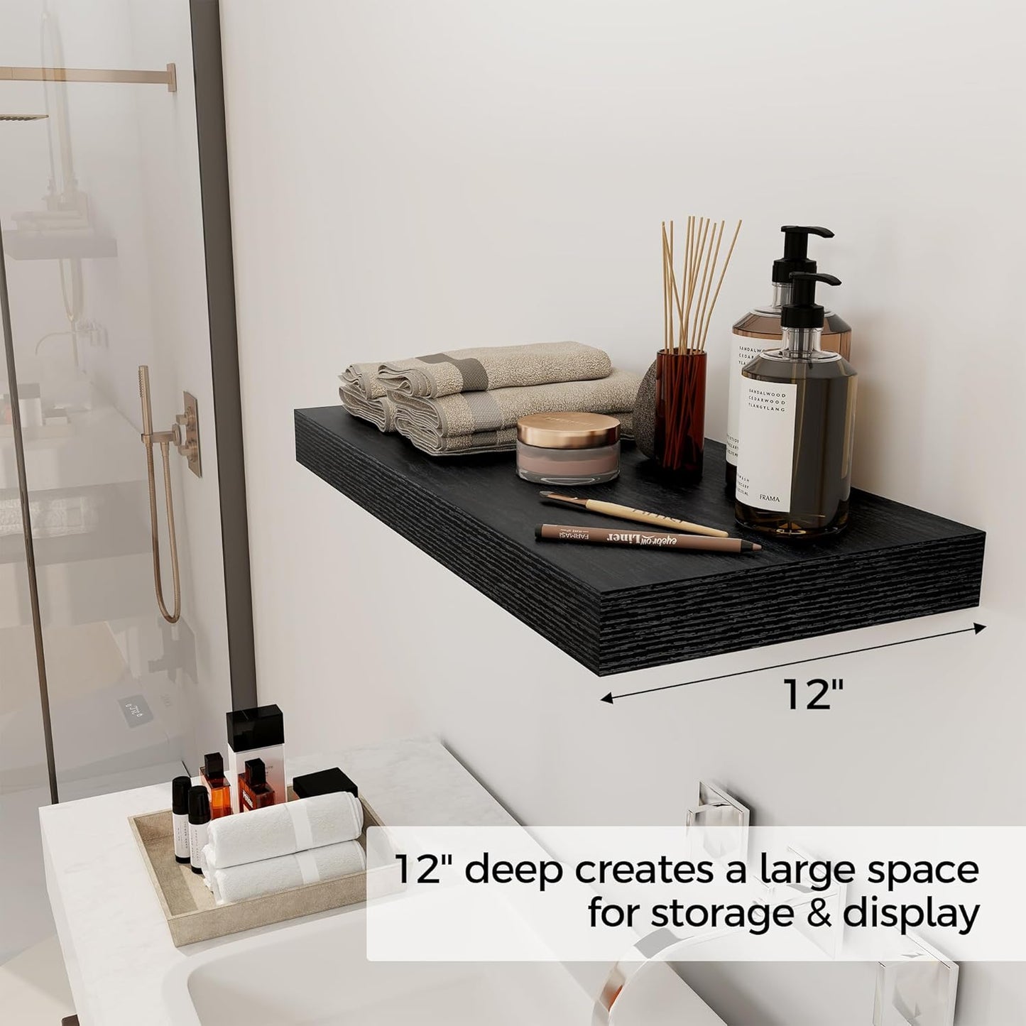 12 Inch Deep Black Floating Shelves, 24 x 12 Floating Shelf for Books, Rustic Wood Deep Wall
