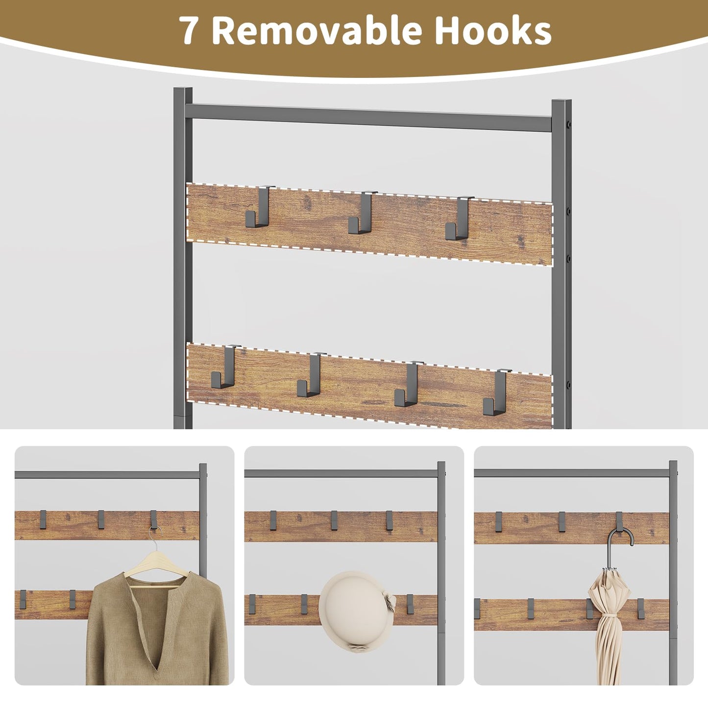 Leadpro Coat Rack Hall Tree with Shoe Storage, Entryway Hall Tree Storage Bench, Wood Look Accent