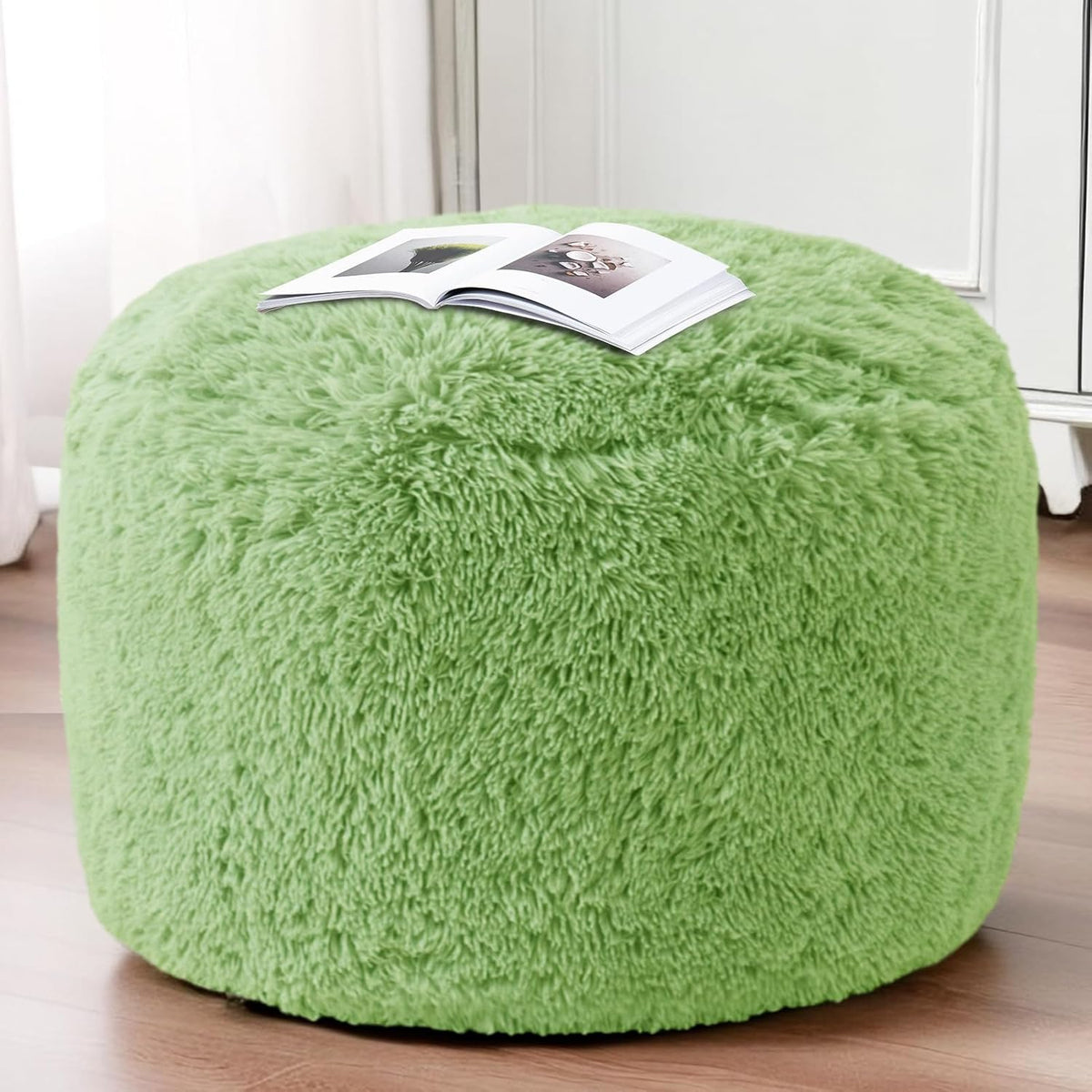HIGOGOGO Round Stuffed Pouf Ottoman, Long Faux Fur Poufs with Foam Chunk Filling, Fluffy and Furry