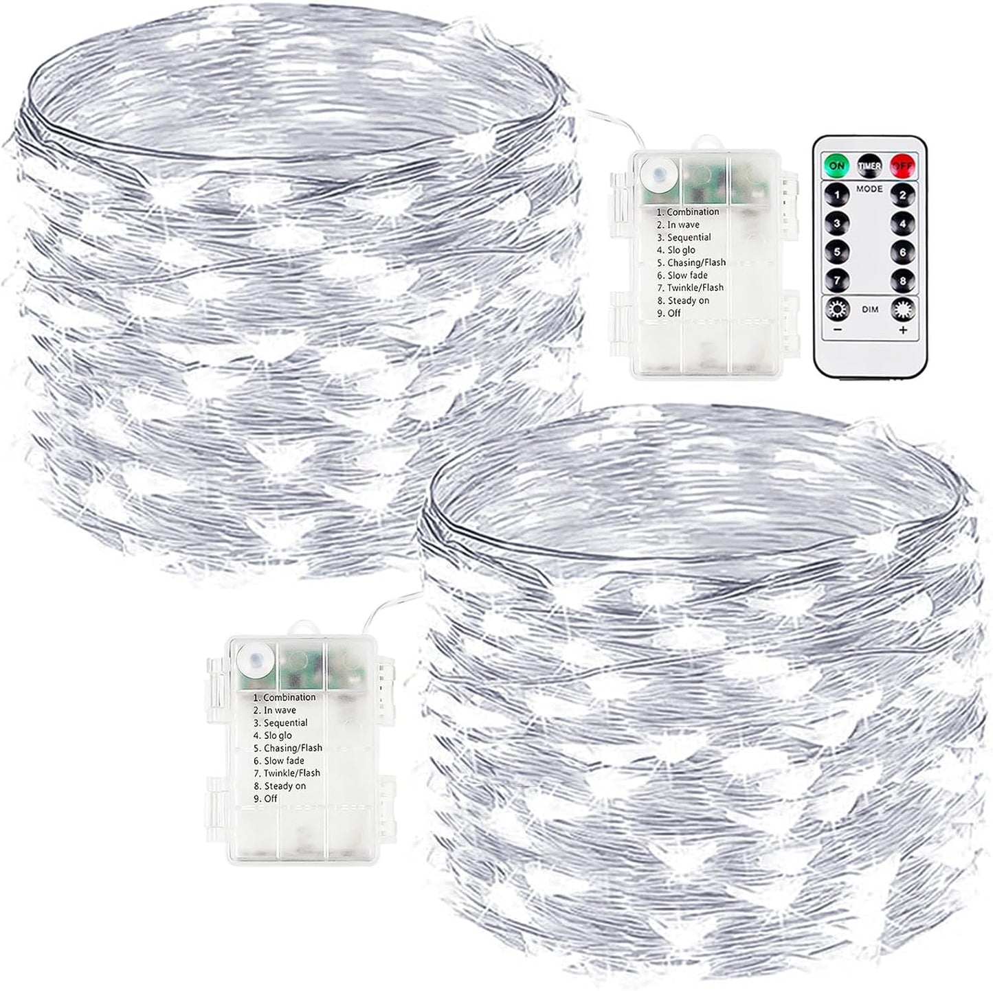 2-Pack Fairy Lights Battery Operated with Remote, Waterproof 33FT 100 LED Battery String Lights