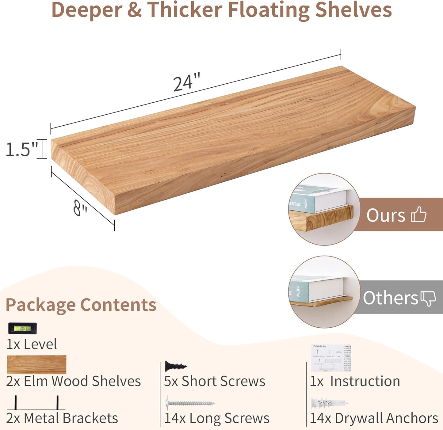Axeman Floating Shelves for Wall, 24''W x 8'' D Rustic Solid Elm Wood Shelves for Storage, Wall