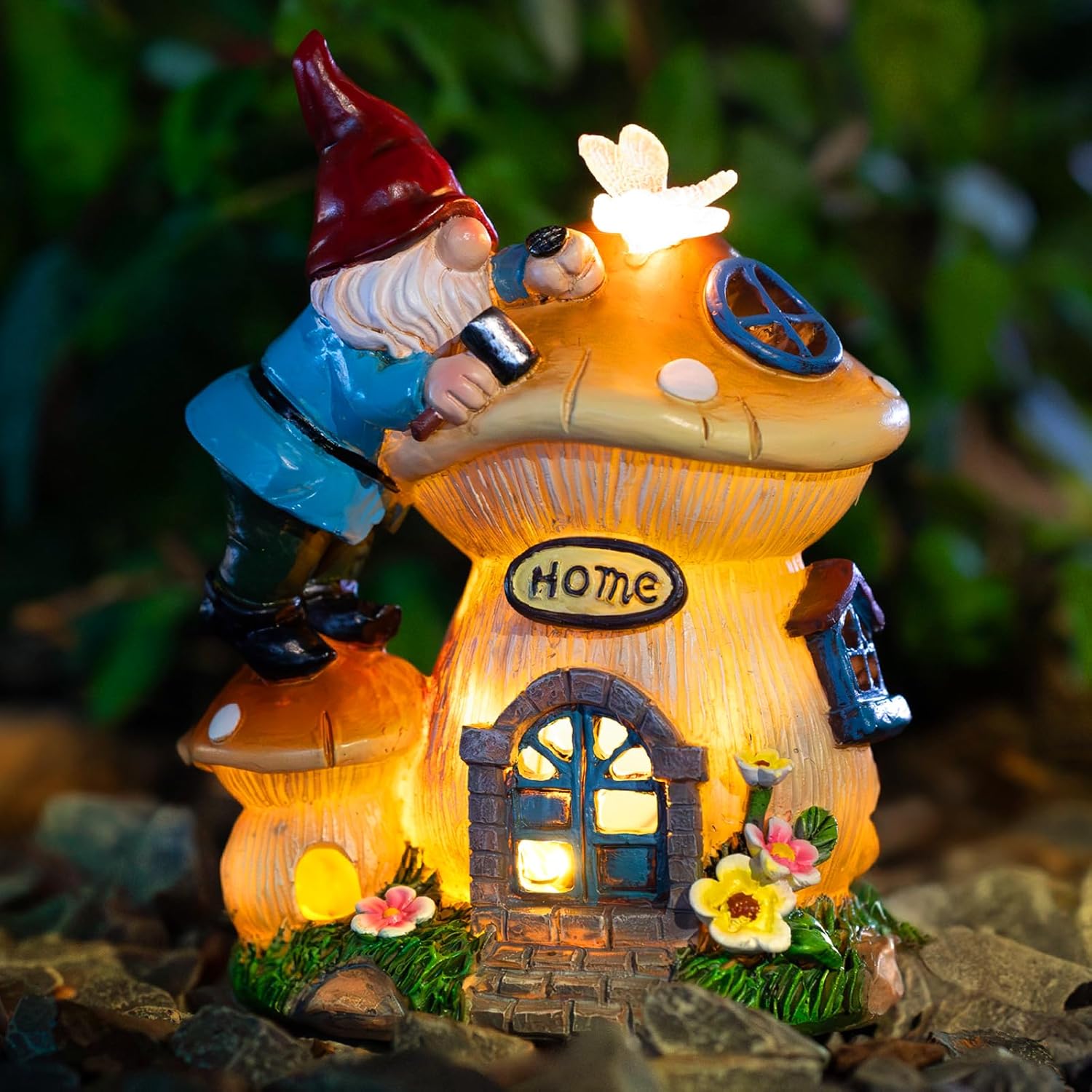 Garden Gnome Statues Figurine Lights - Solar Powered Lighting Outdoor Decorations, Gnome Build