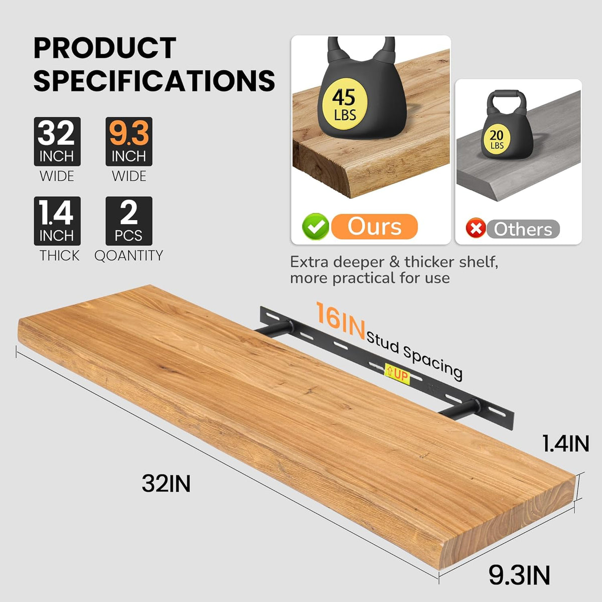 Fun Memories Floating Shelves for Wall, Live Edge 32" W x 9.3" D x 1.5" H Wood Floating Shelf, Set