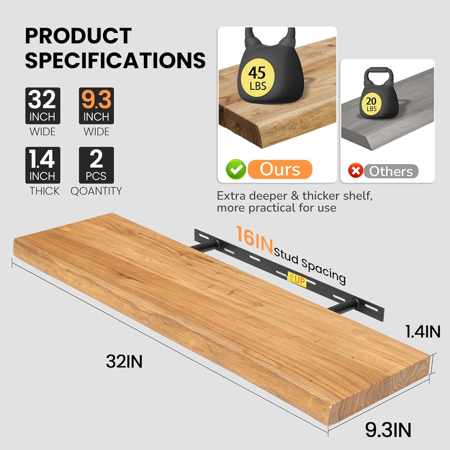 Fun Memories Floating Shelves for Wall, Live Edge 32" W x 9.3" D x 1.5" H Wood Floating Shelf, Set