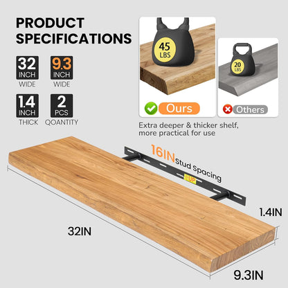 Fun Memories Floating Shelves for Wall, Live Edge 32" W x 9.3" D x 1.5" H Wood Floating Shelf, Set