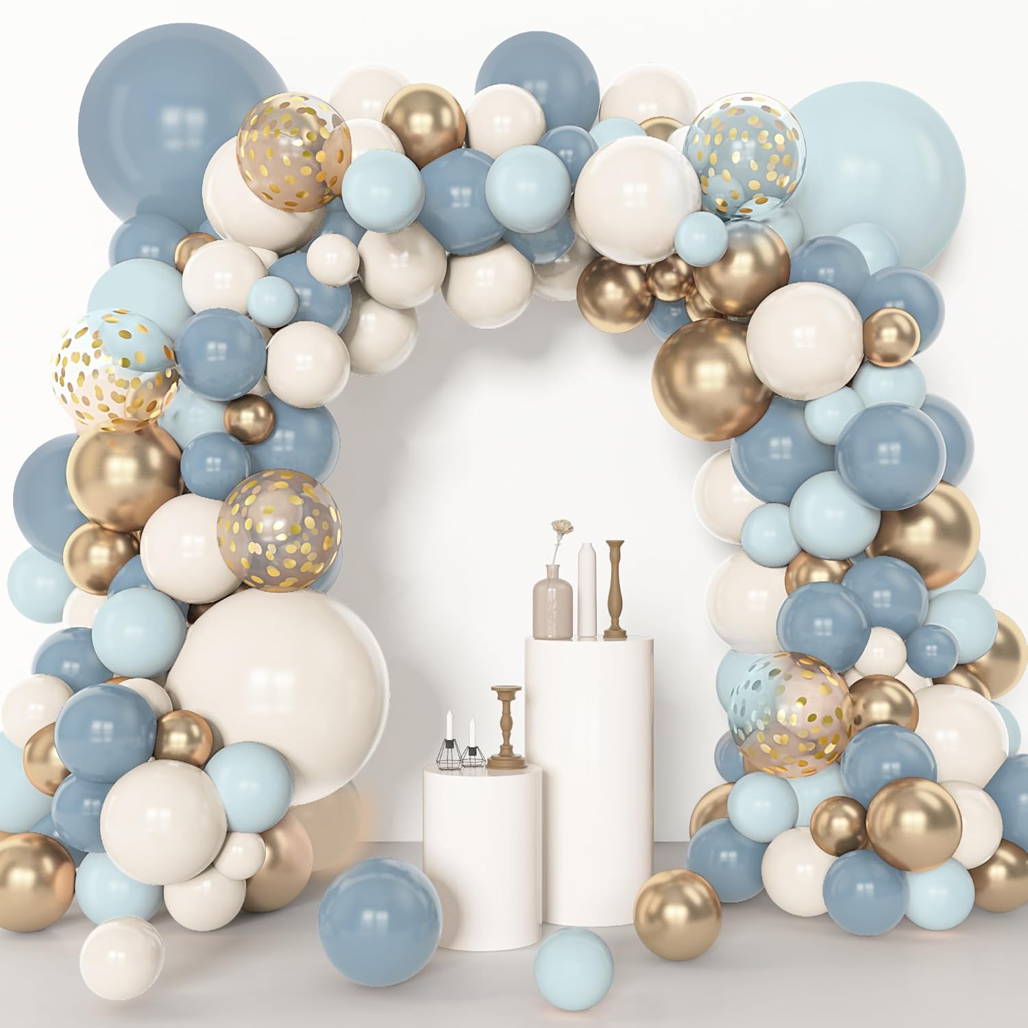 Amandir 153pcs Dusty Blue Balloon Garland Arch Kit, Different Sizes 18 12 10 5 inch Blue White Sand