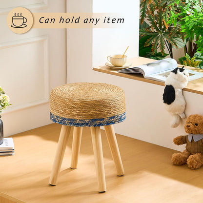 Handwoven Outdoor Ottoman, Water Hyacinth Pouf Round Patio Footstool with Wood Legs, 17-Inch