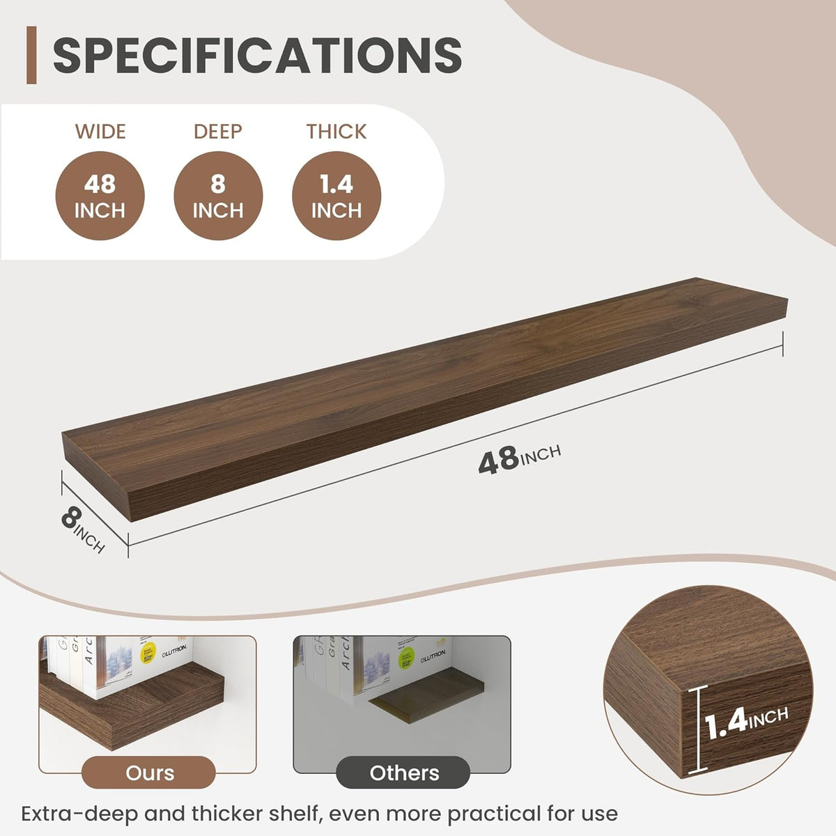 48 Inch Floating Shelves, 8 Inch Deep Floating Shelves for Wall, Hanging Shelf with Invisible