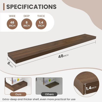 48 Inch Floating Shelves, 8 Inch Deep Floating Shelves for Wall, Hanging Shelf with Invisible