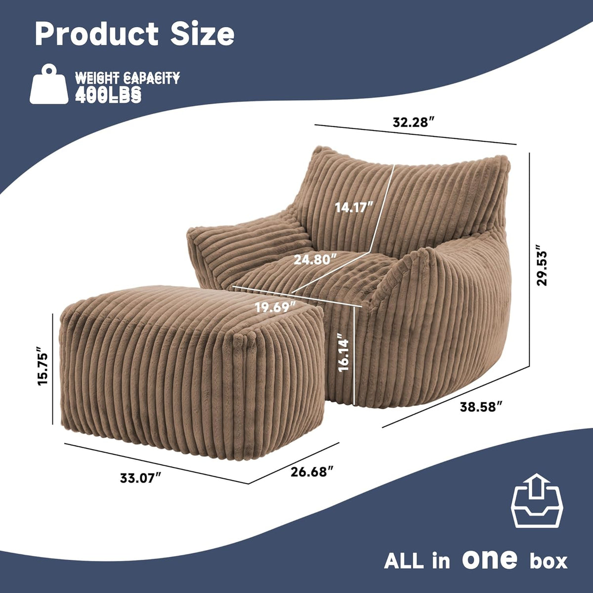 Giant Bean Bag Chairs for Adults, Oversized Chaise Lounge Chair Indoor with Memory Foam - Plush