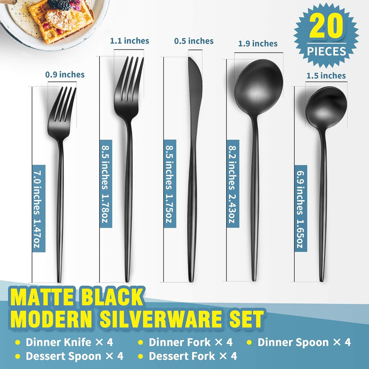 Matte Black Silverware Set for 4,Modern Stainless Steel Brushed Cutlery Set,20-Pieces Heavy Duty