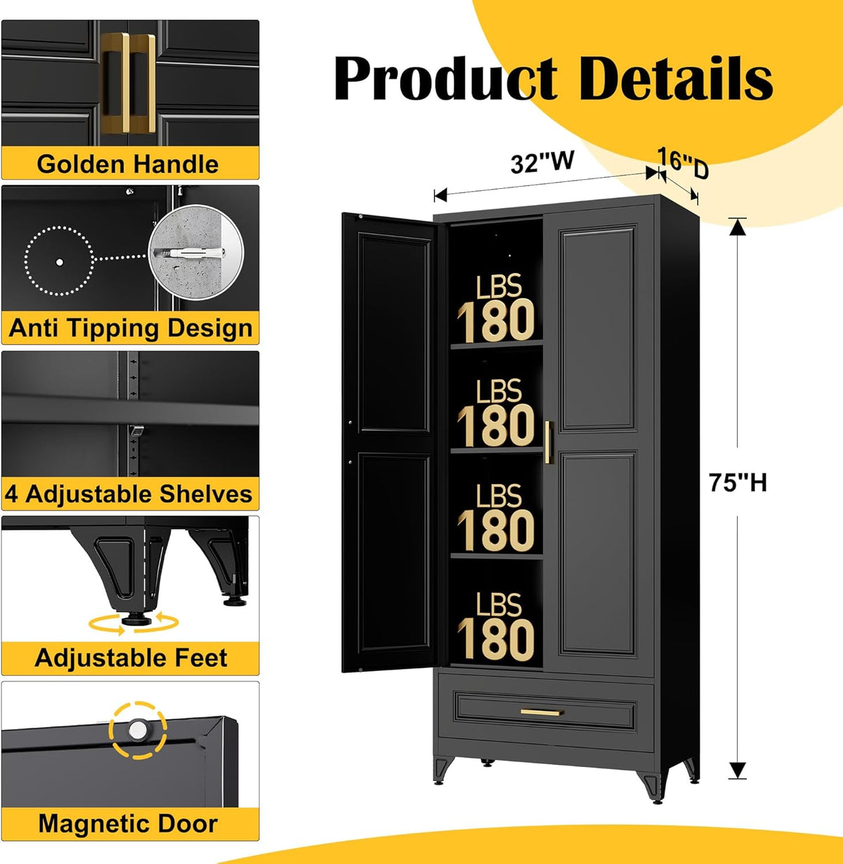 75" Kitchen Pantry Cabinet with Drawer, Metal Storage Cabinets with Doors and 4 Adjustable