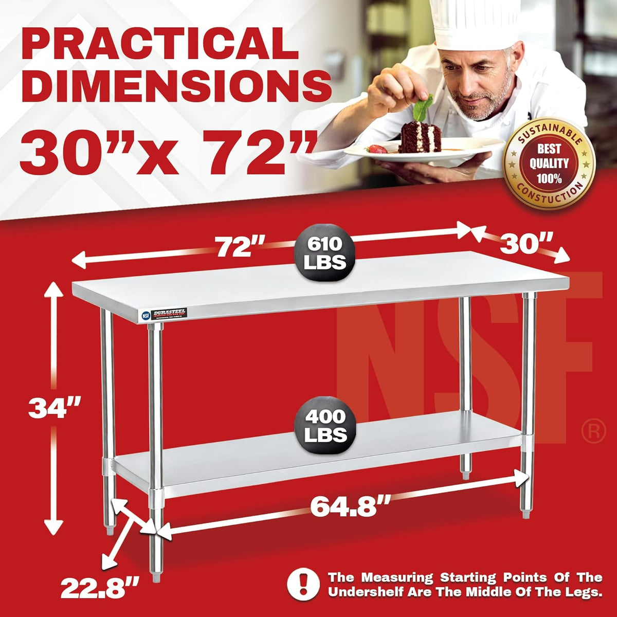 DuraSteel 30x72 Stainless Steel Prep Table - NSF Commercial Kitchen Metal Worktable - Large