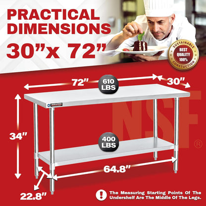 DuraSteel 30x72 Stainless Steel Prep Table - NSF Commercial Kitchen Metal Worktable - Large