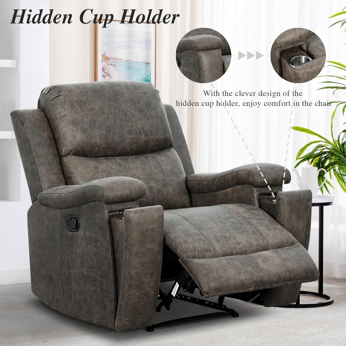 EBELLO Grey Recliner Chair, Single Overstuffed Sofa Recliners, Breathable Faux Leather Manual