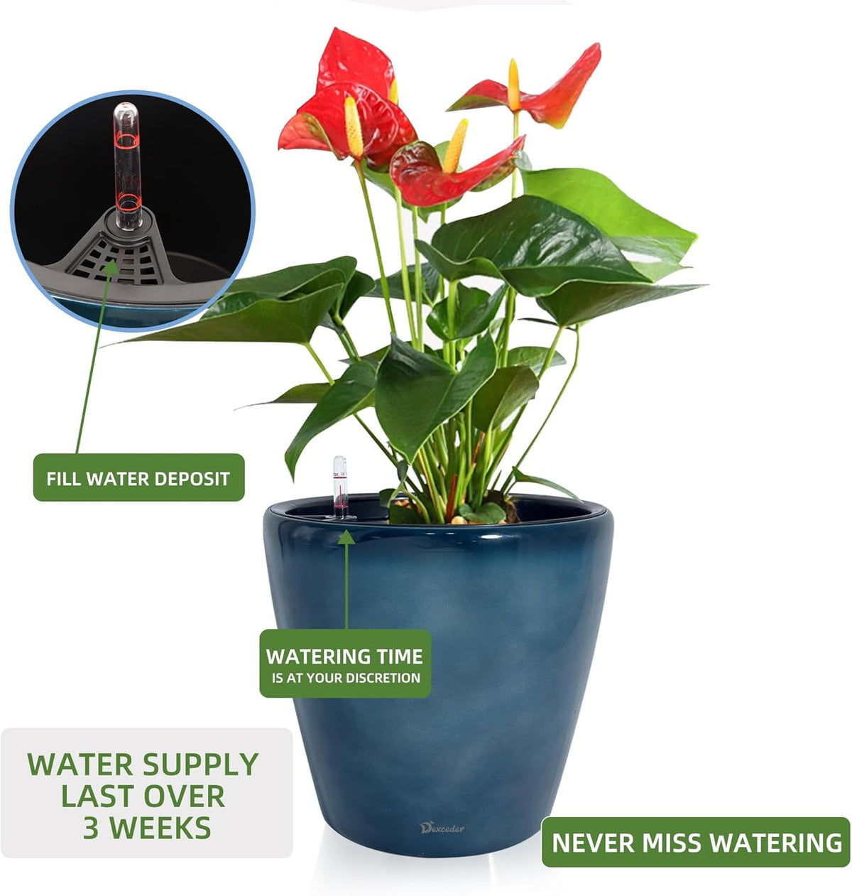 Dexceder 13x12 Self Watering Planter with Wheels Indoor Outdoor, Inner Pot Design, Thickened Large
