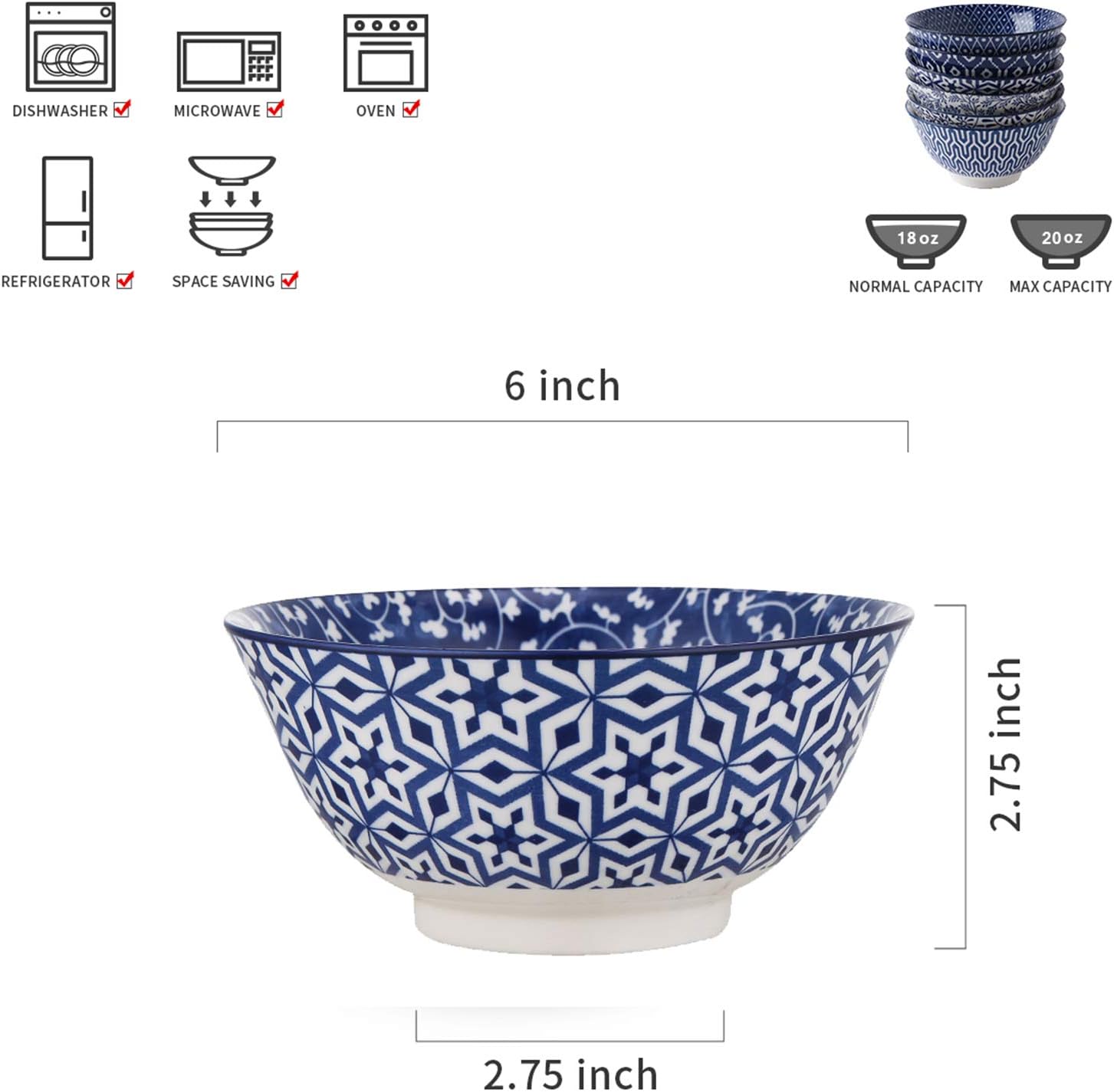 Selamica Blue and White Porcelain 20oz Cereal Bowl Set - Set of 6, 6 inch Soup Bowls, Ceramic bowls