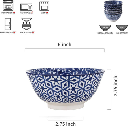 Selamica Blue and White Porcelain 20oz Cereal Bowl Set - Set of 6, 6 inch Soup Bowls, Ceramic bowls