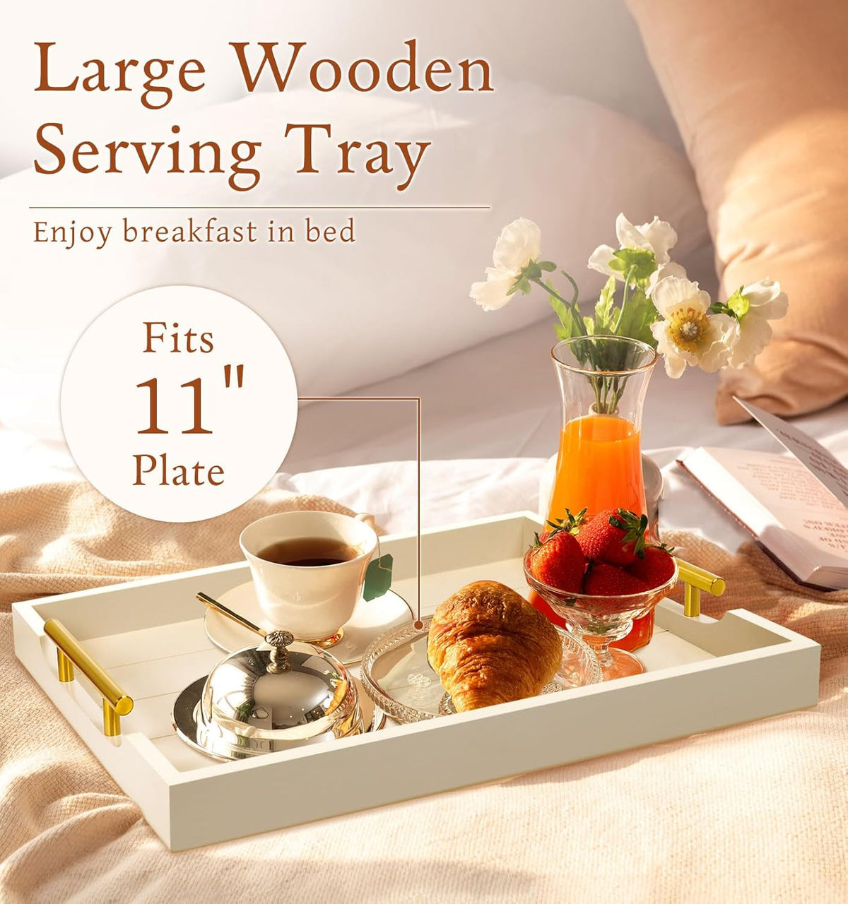 Coffee Table Tray - Large Ottoman Tray for Living Room - Wood Serving Trays with Handles(2 Sets)