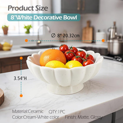Accessoryway 8" White Fluted Scalloped Decorative Bowls -Moderate Ceramic Fruit Bowl for Kitchen
