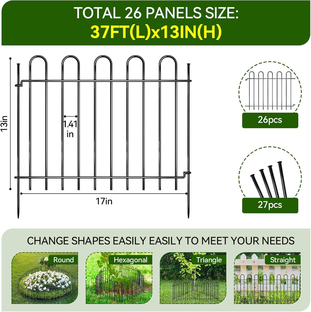 26 Panels Decorative Garden Fence, 37ft X 20in Rustproof Metal Animal Barrier Fence, No Dig Fence