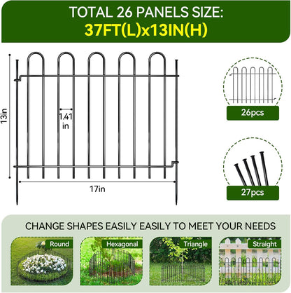 26 Panels Decorative Garden Fence, 37ft X 20in Rustproof Metal Animal Barrier Fence, No Dig Fence