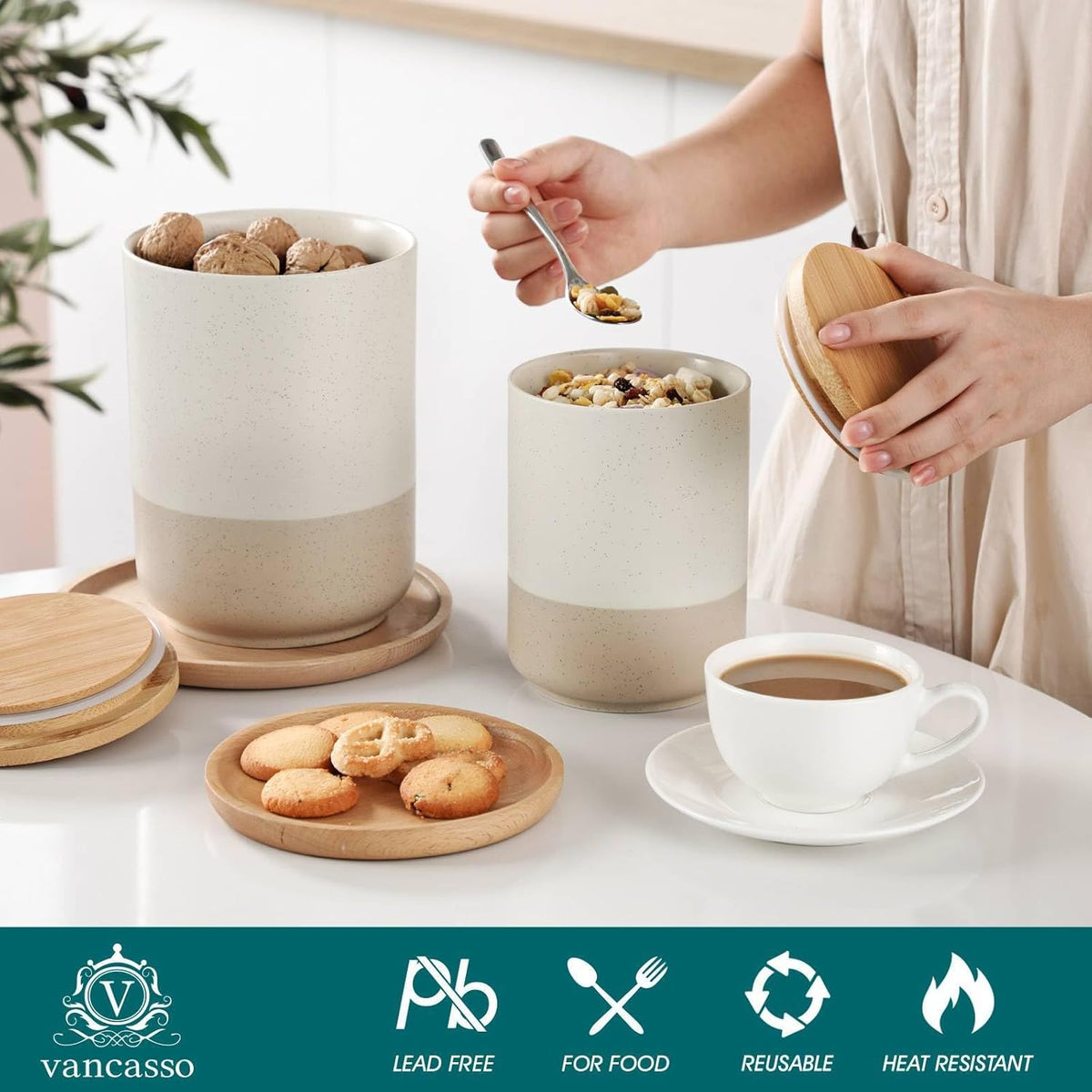 vancasso Sabine Ceramic Canister Set with Airtight Wood Lids - 3-Piece Kitchen Storage for Flour