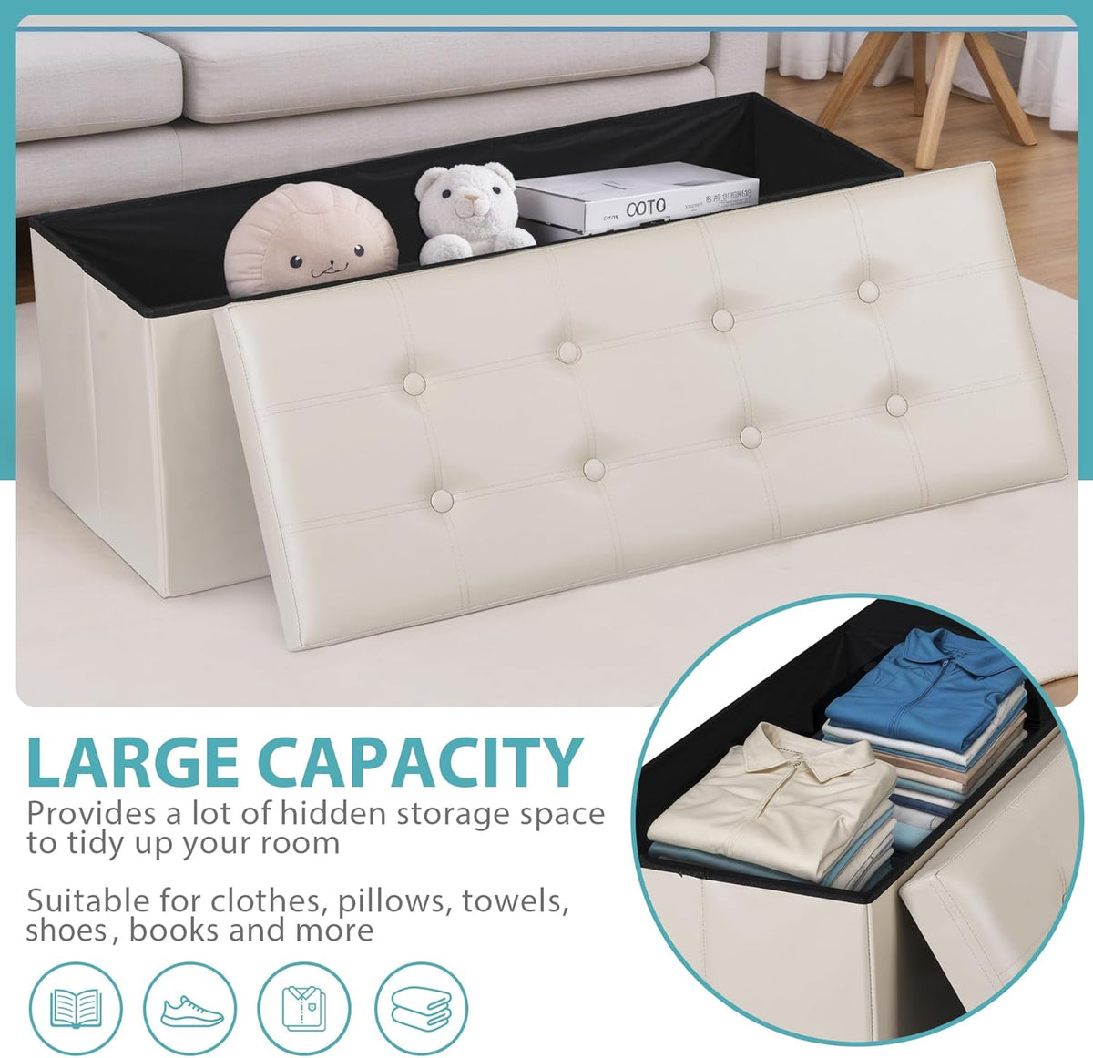 SUPER DEAL Folding Ottoman Bench with Storage, 43 Inch Padded Seat Footrest Shoes Bench for Bedroom