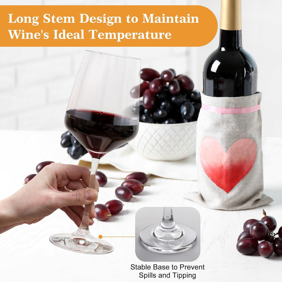 Clear Wine Glasses Set of 6-14oz Long Stem Wine Glass, Pretty Crystal Glassware, Hand Blown Goblets