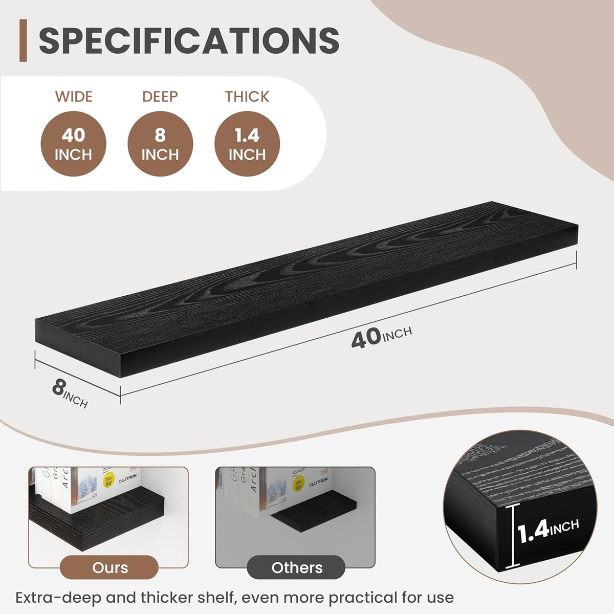40 Inch Floating Shelves, 8 Inch Deep Floating Shelves for Wall, Hanging Shelf with Invisible