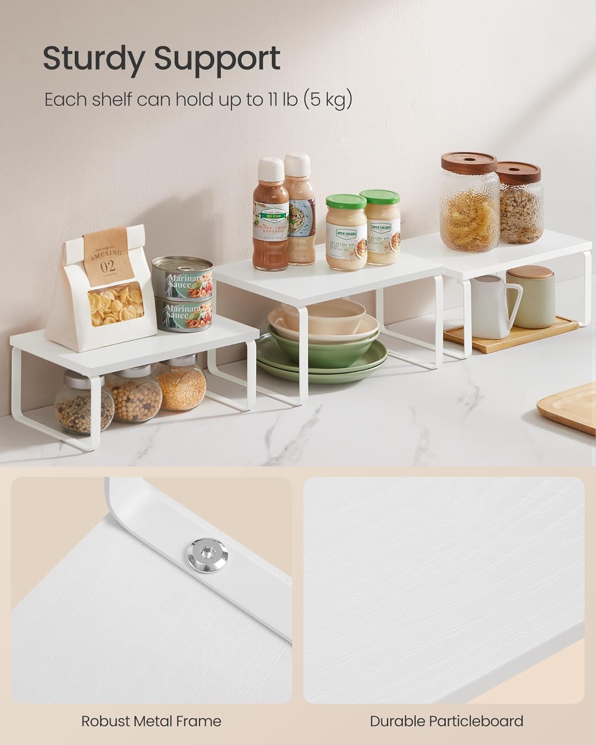 SONGMICS Cabinet Organizer Shelf, Set of 3 Kitchen Counter Shelves, Kitchen Storage, Spice Rack