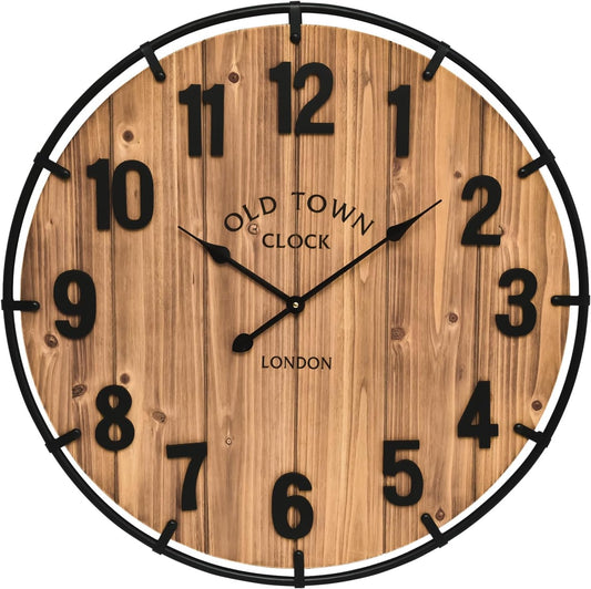 Large Old Town Farmhouse Wall Clock 20 Inches - Rustic Antique Wood with Metal Circle and Large