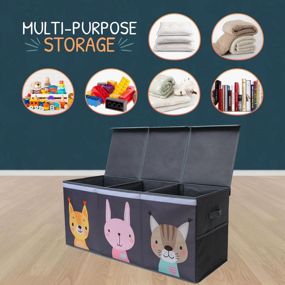Extra Large Toy Storage Organizer with Lid - Sturdy, Collapsible Toy Chest Storage Box with Cute