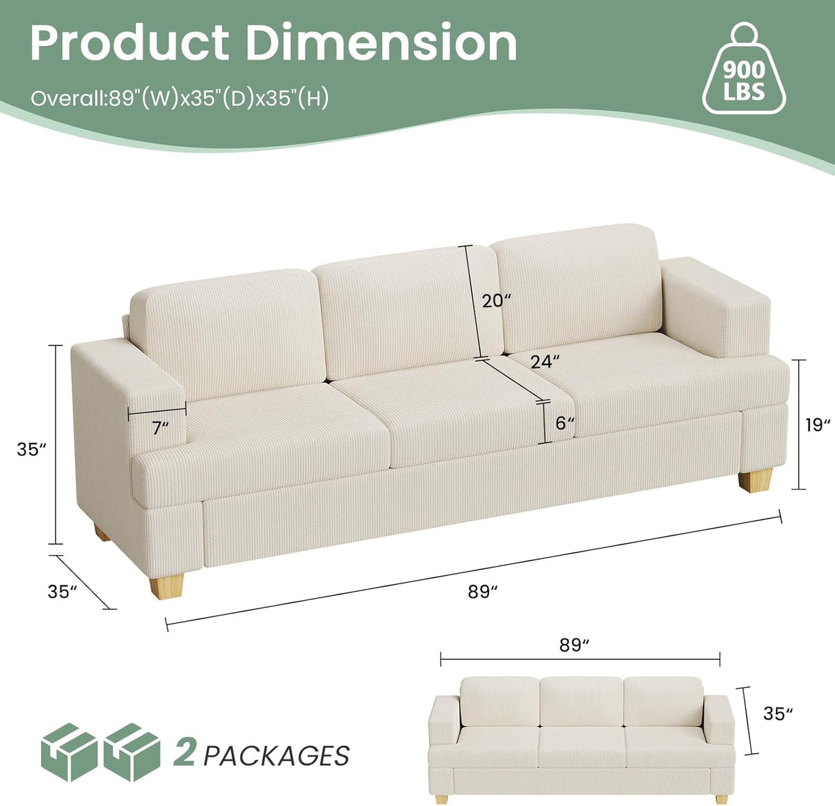 3 Pieces Corduroy Couch Set for Living Room, 3 Seater*2 & Loveseat Cloud Sofa, Deep Seat Floor