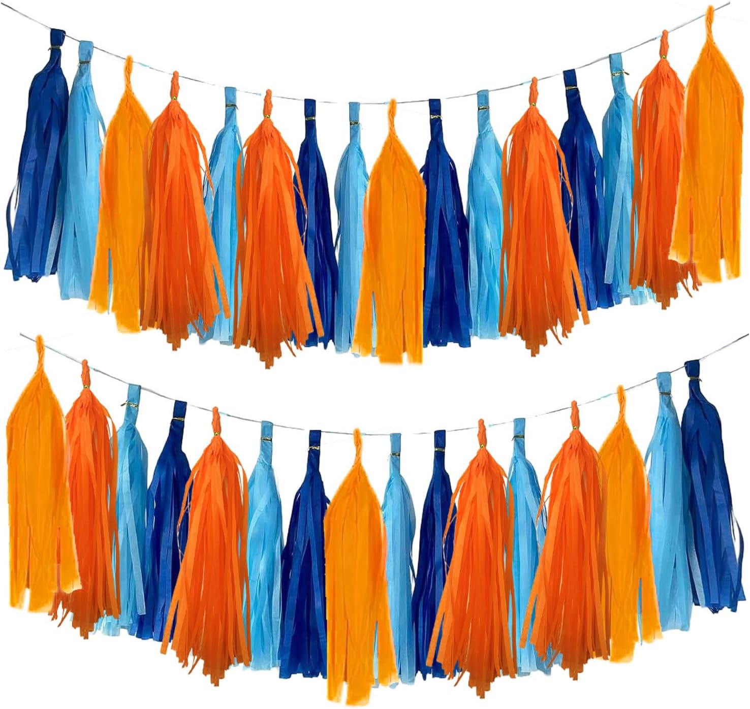 Blue and Orange Tassel Garland,Tissue Tassel Banner for Party Decorations,Navy Blue,Sky